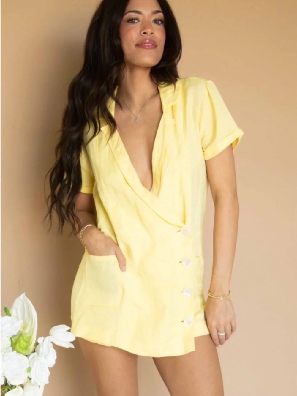 NWT SHOW ME YOUR MUMU Yellow Romper Shorts Sz M